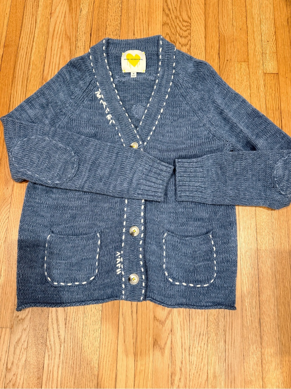 Kerri Rosenthal Blue Knit Smiley Cardigan Sweater